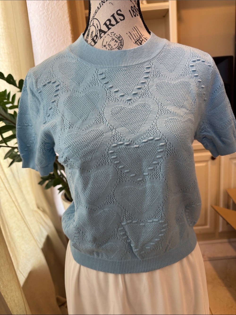 Massimo Dutti Light Blue Heart-Pattern Crewneck Sweater
